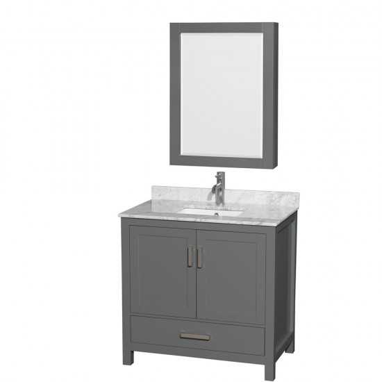 36 Inch Single Bathroom Vanity in Dark Gray, White Carrara Marble Countertop, Sink, Medicine Cabinet