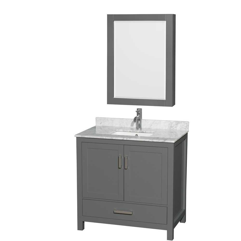 36 Inch Single Bathroom Vanity in Dark Gray, White Carrara Marble Countertop, Sink, Medicine Cabinet