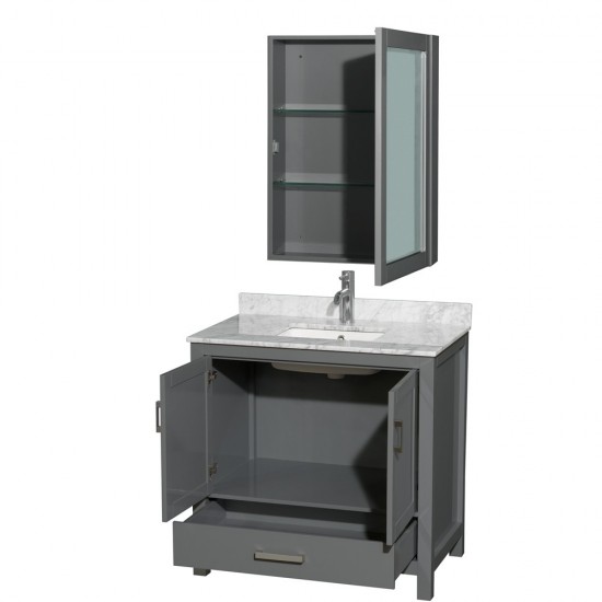 36 Inch Single Bathroom Vanity in Dark Gray, White Carrara Marble Countertop, Sink, Medicine Cabinet