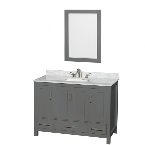 48 Inch Single Bathroom Vanity in Dark Gray, White Carrara Marble Countertop, Oval Sink, 24 Inch Mirror