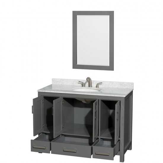 48 Inch Single Bathroom Vanity in Dark Gray, White Carrara Marble Countertop, Oval Sink, 24 Inch Mirror