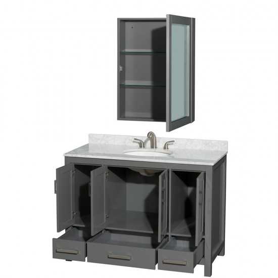 48 Inch Single Bathroom Vanity in Dark Gray, White Carrara Marble Countertop, Oval Sink, Medicine Cabinet