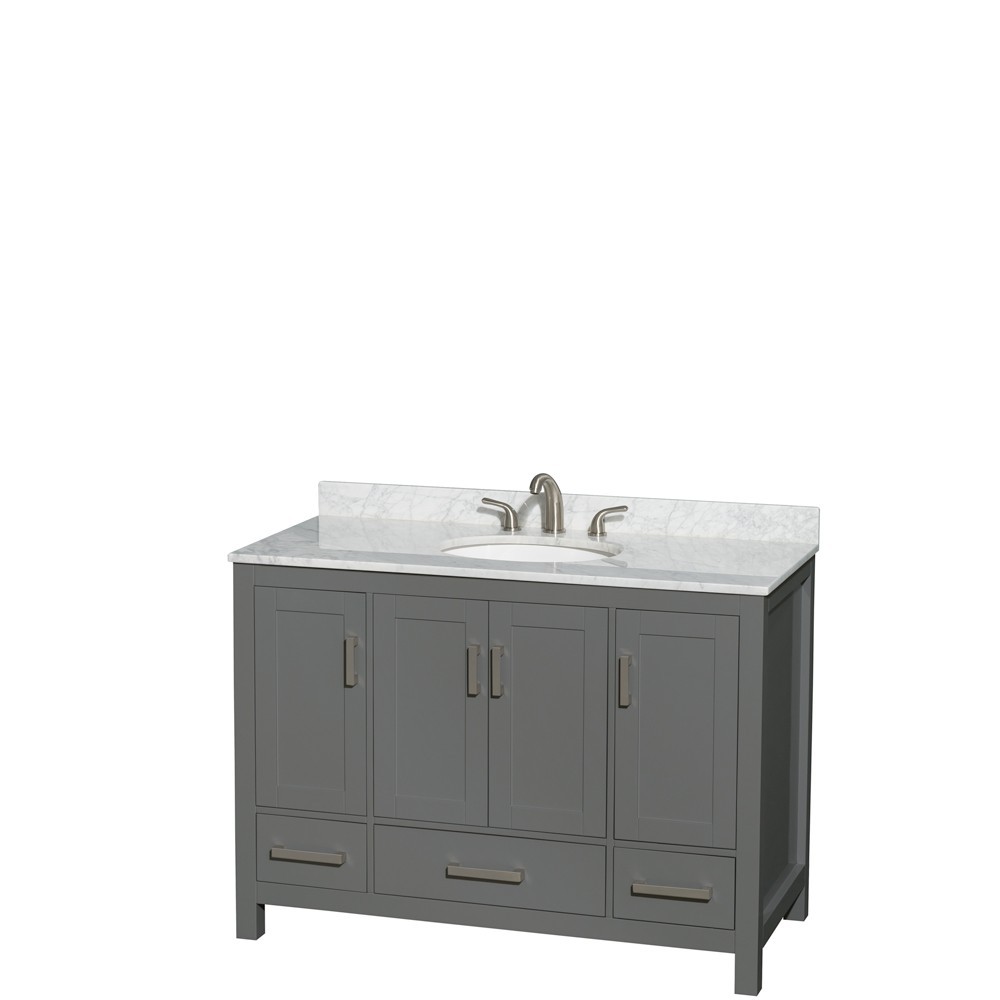 48 Inch Single Bathroom Vanity in Dark Gray, White Carrara Marble Countertop, Oval Sink, No Mirror