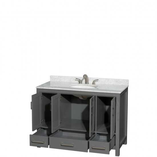 48 Inch Single Bathroom Vanity in Dark Gray, White Carrara Marble Countertop, Oval Sink, No Mirror