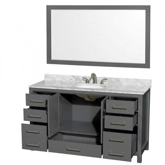 60 Inch Single Bathroom Vanity in Dark Gray, White Carrara Marble Countertop, Oval Sink, 58 Inch Mirror