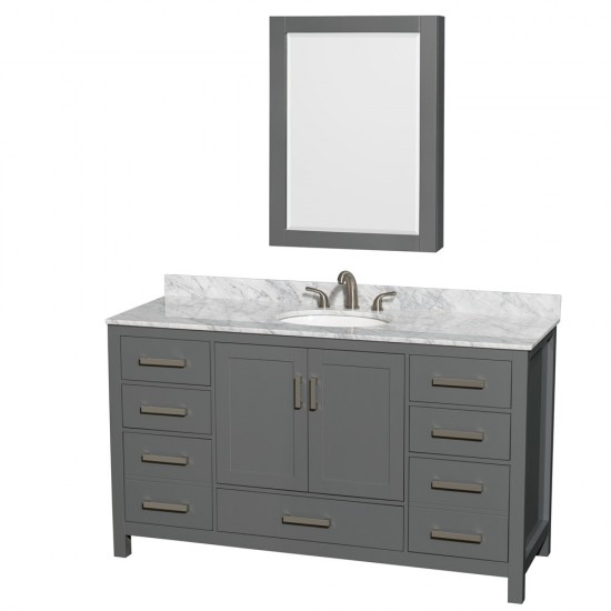 60 Inch Single Bathroom Vanity in Dark Gray, White Carrara Marble Countertop, Oval Sink, Medicine Cabinet
