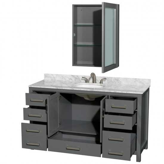 60 Inch Single Bathroom Vanity in Dark Gray, White Carrara Marble Countertop, Oval Sink, Medicine Cabinet