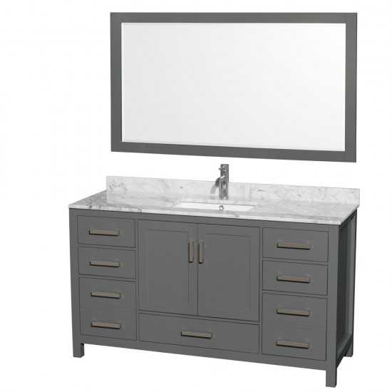 60 Inch Single Bathroom Vanity in Dark Gray, White Carrara Marble Countertop, Sink, 58 Inch Mirror