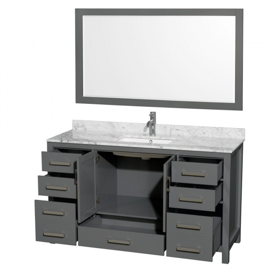 60 Inch Single Bathroom Vanity in Dark Gray, White Carrara Marble Countertop, Sink, 58 Inch Mirror