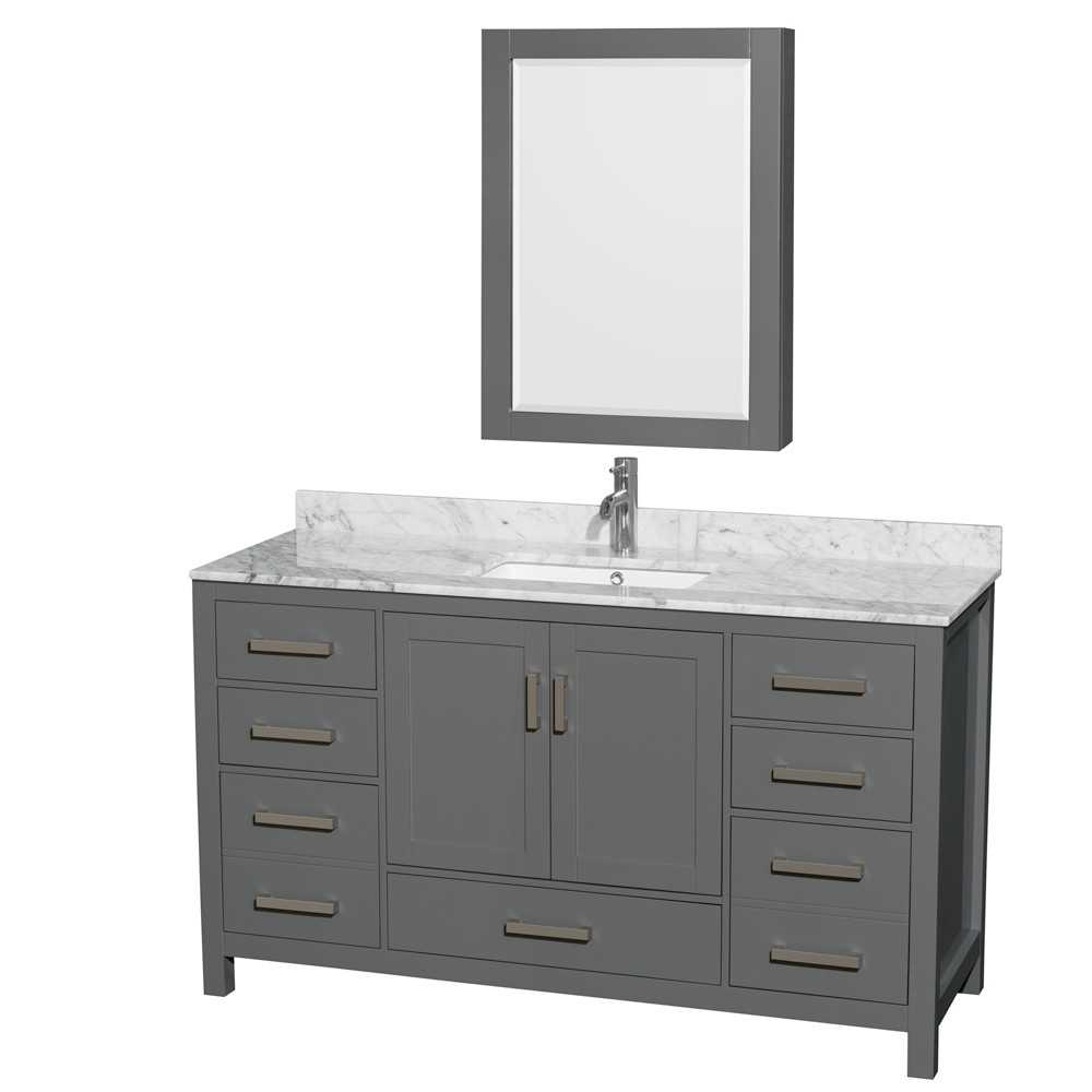 60 Inch Single Bathroom Vanity in Dark Gray, White Carrara Marble Countertop, Sink, Medicine Cabinet