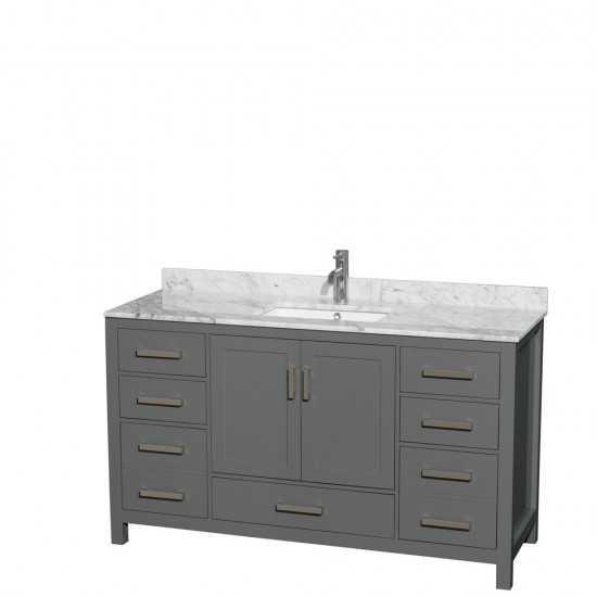 60 Inch Single Bathroom Vanity in Dark Gray, White Carrara Marble Countertop, Sink, No Mirror