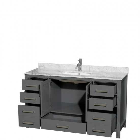 60 Inch Single Bathroom Vanity in Dark Gray, White Carrara Marble Countertop, Sink, No Mirror