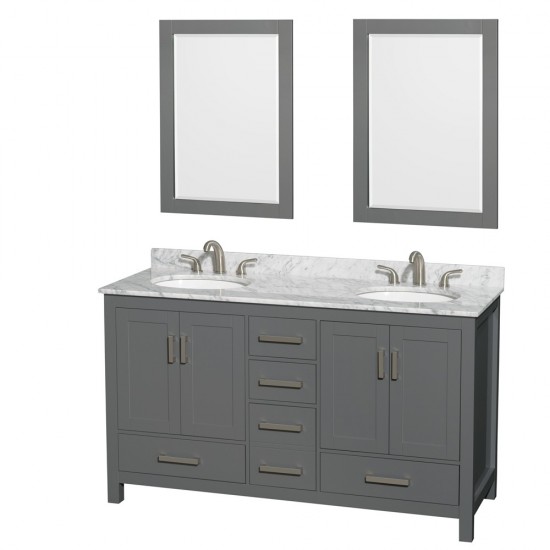 60 Inch Double Bathroom Vanity in Dark Gray, White Carrara Marble Countertop, Oval Sinks, 24 Inch Mirrors