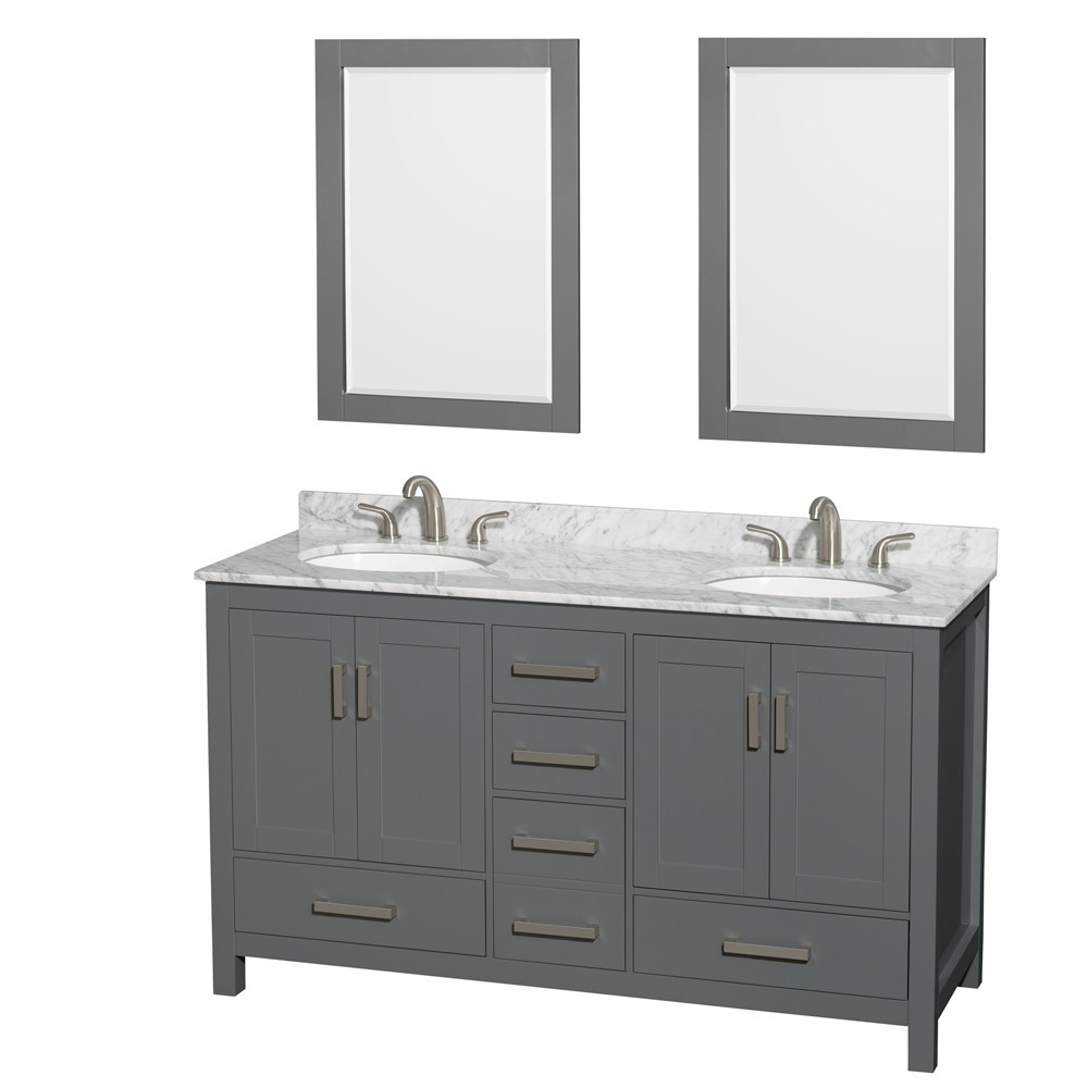 60 Inch Double Bathroom Vanity in Dark Gray, White Carrara Marble Countertop, Oval Sinks, 24 Inch Mirrors