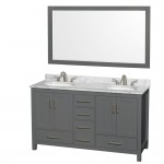 60 Inch Double Bathroom Vanity in Dark Gray, White Carrara Marble Countertop, Oval Sinks, 58 Inch Mirror