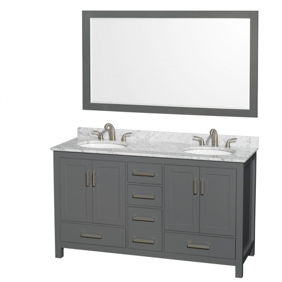 60 Inch Double Bathroom Vanity in Dark Gray, White Carrara Marble Countertop, Oval Sinks, 58 Inch Mirror