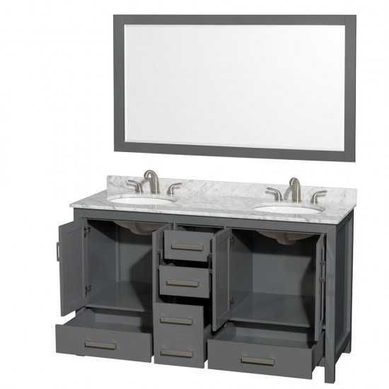 60 Inch Double Bathroom Vanity in Dark Gray, White Carrara Marble Countertop, Oval Sinks, 58 Inch Mirror