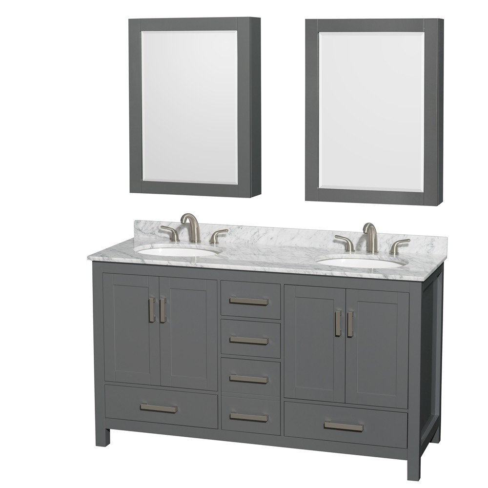 60 Inch Double Bathroom Vanity in Dark Gray, White Carrara Marble Countertop, Oval Sinks, Medicine Cabinets