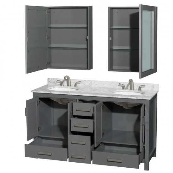 60 Inch Double Bathroom Vanity in Dark Gray, White Carrara Marble Countertop, Oval Sinks, Medicine Cabinets