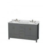 60 Inch Double Bathroom Vanity in Dark Gray, White Carrara Marble Countertop, Oval Sinks, No Mirror