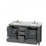 60 Inch Double Bathroom Vanity in Dark Gray, White Carrara Marble Countertop, Oval Sinks, No Mirror