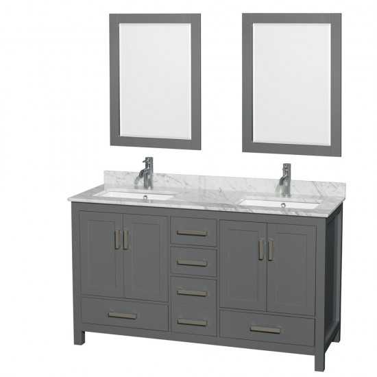 60 Inch Double Bathroom Vanity in Dark Gray, White Carrara Marble Countertop, Sinks, 24 Inch Mirrors