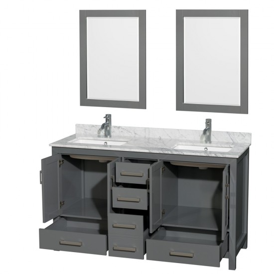 60 Inch Double Bathroom Vanity in Dark Gray, White Carrara Marble Countertop, Sinks, 24 Inch Mirrors