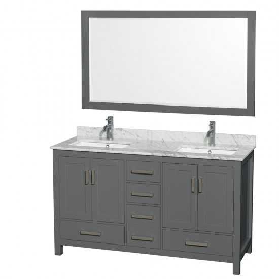 60 Inch Double Bathroom Vanity in Dark Gray, White Carrara Marble Countertop, Sinks, 58 Inch Mirror