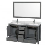 60 Inch Double Bathroom Vanity in Dark Gray, White Carrara Marble Countertop, Sinks, 58 Inch Mirror