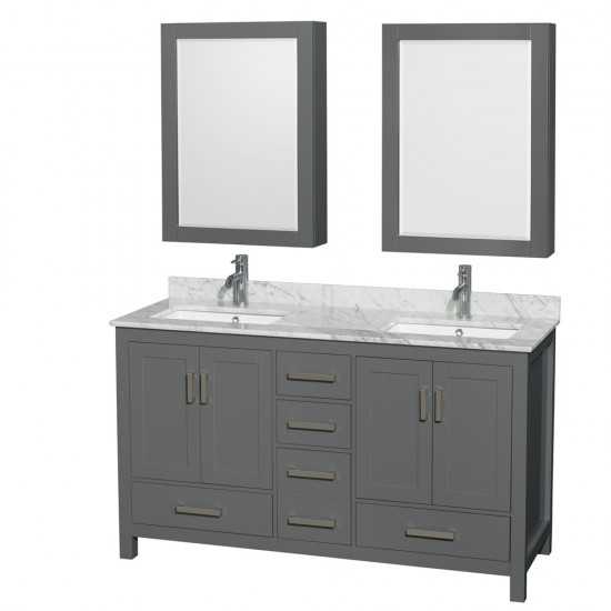 60 Inch Double Bathroom Vanity in Dark Gray, White Carrara Marble Countertop, Sinks, Medicine Cabinets