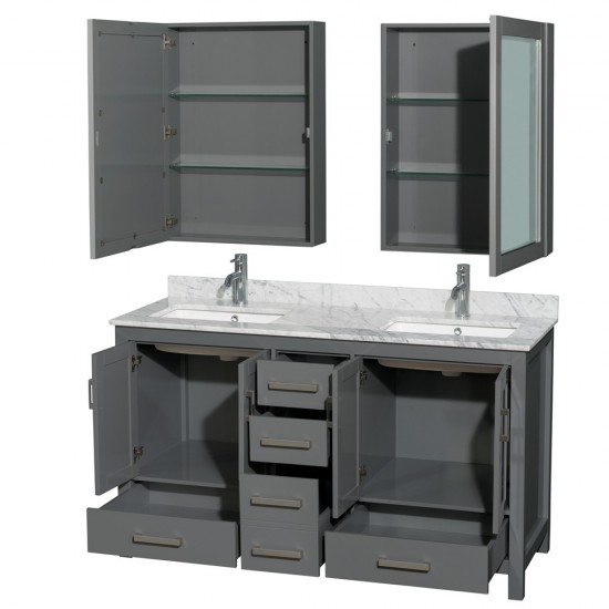 60 Inch Double Bathroom Vanity in Dark Gray, White Carrara Marble Countertop, Sinks, Medicine Cabinets