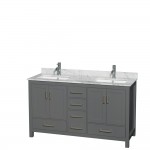 60 Inch Double Bathroom Vanity in Dark Gray, White Carrara Marble Countertop, Sinks, No Mirror