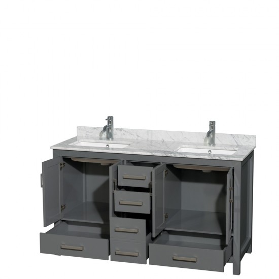 60 Inch Double Bathroom Vanity in Dark Gray, White Carrara Marble Countertop, Sinks, No Mirror