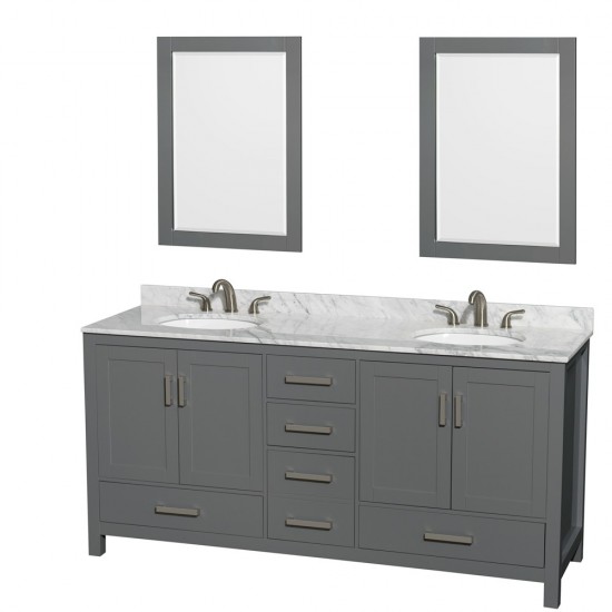 72 Inch Double Bathroom Vanity in Dark Gray, White Carrara Marble Countertop, Oval Sinks, 24 Inch Mirrors