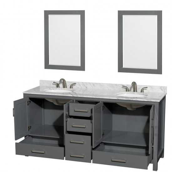 72 Inch Double Bathroom Vanity in Dark Gray, White Carrara Marble Countertop, Oval Sinks, 24 Inch Mirrors