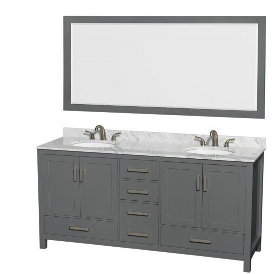 72 Inch Double Bathroom Vanity in Dark Gray, White Carrara Marble Countertop, Oval Sinks, 70 Inch Mirror