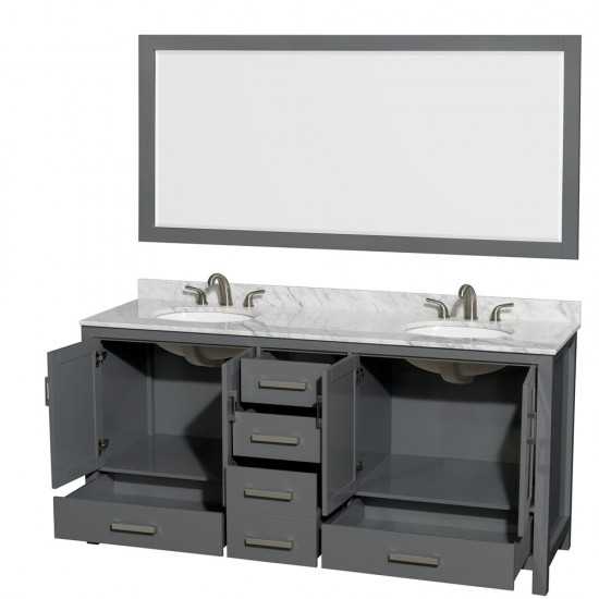 72 Inch Double Bathroom Vanity in Dark Gray, White Carrara Marble Countertop, Oval Sinks, 70 Inch Mirror