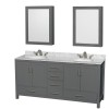 72 Inch Double Bathroom Vanity in Dark Gray, White Carrara Marble Countertop, Oval Sinks, Medicine Cabinets