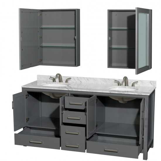 72 Inch Double Bathroom Vanity in Dark Gray, White Carrara Marble Countertop, Oval Sinks, Medicine Cabinets