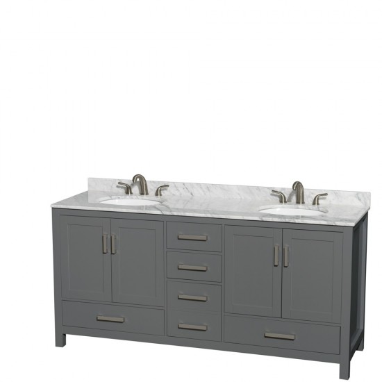 72 Inch Double Bathroom Vanity in Dark Gray, White Carrara Marble Countertop, Oval Sinks, No Mirror