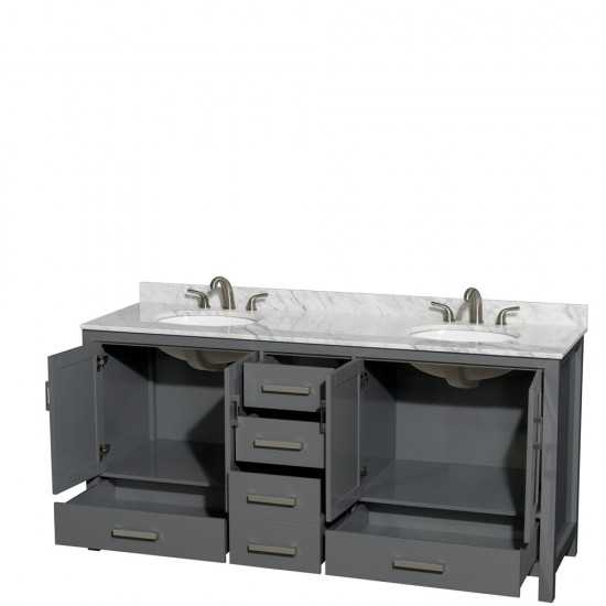 72 Inch Double Bathroom Vanity in Dark Gray, White Carrara Marble Countertop, Oval Sinks, No Mirror