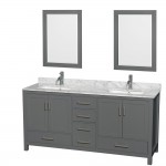 72 Inch Double Bathroom Vanity in Dark Gray, White Carrara Marble Countertop, Sinks, 24 Inch Mirrors