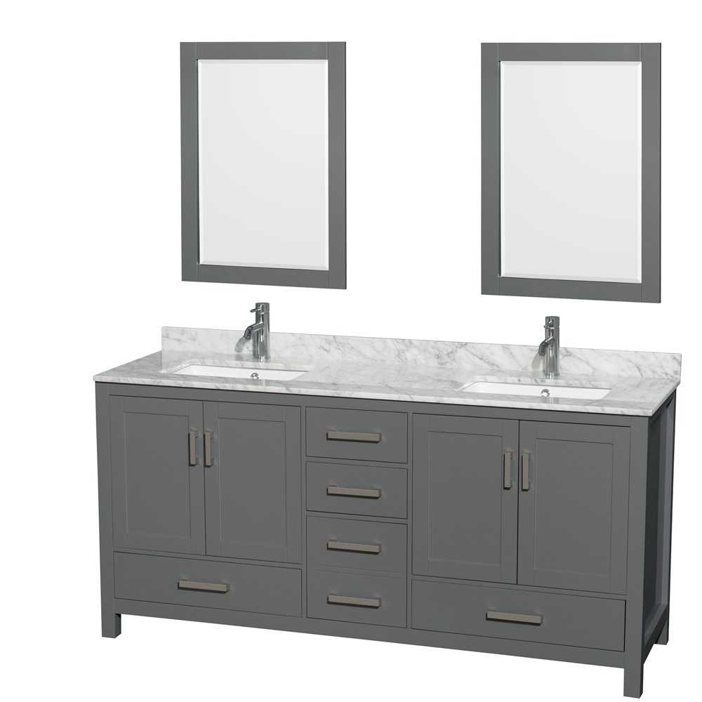 72 Inch Double Bathroom Vanity in Dark Gray, White Carrara Marble Countertop, Sinks, 24 Inch Mirrors