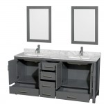 72 Inch Double Bathroom Vanity in Dark Gray, White Carrara Marble Countertop, Sinks, 24 Inch Mirrors