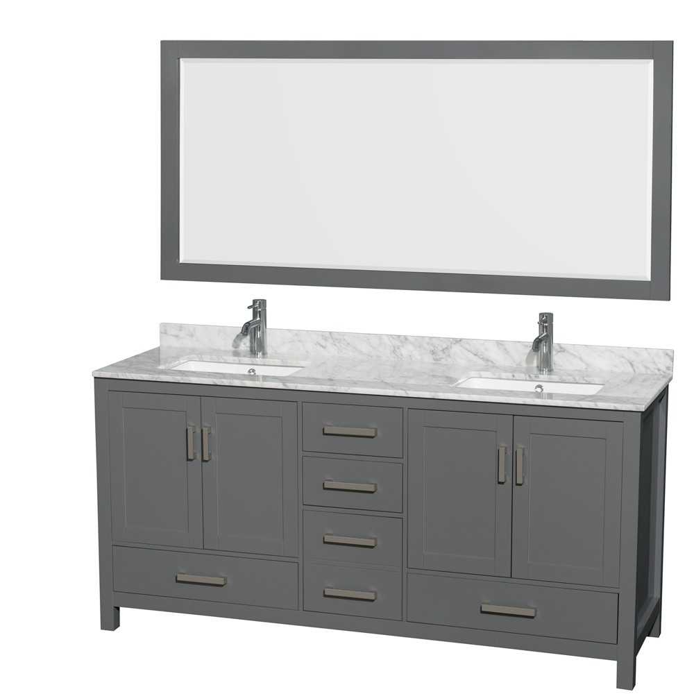 72 Inch Double Bathroom Vanity in Dark Gray, White Carrara Marble Countertop, Sinks, 70 Inch Mirror