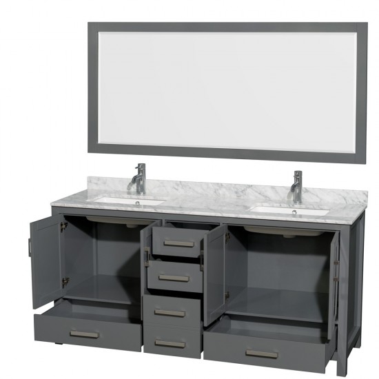 72 Inch Double Bathroom Vanity in Dark Gray, White Carrara Marble Countertop, Sinks, 70 Inch Mirror