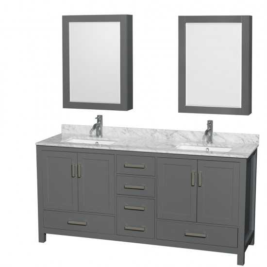 72 Inch Double Bathroom Vanity in Dark Gray, White Carrara Marble Countertop, Sinks, Medicine Cabinets