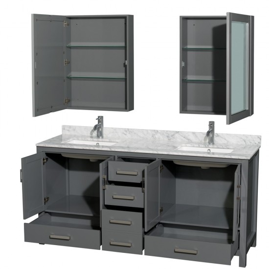 72 Inch Double Bathroom Vanity in Dark Gray, White Carrara Marble Countertop, Sinks, Medicine Cabinets