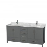 72 Inch Double Bathroom Vanity in Dark Gray, White Carrara Marble Countertop, Sinks, No Mirror