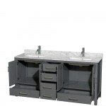 72 Inch Double Bathroom Vanity in Dark Gray, White Carrara Marble Countertop, Sinks, No Mirror